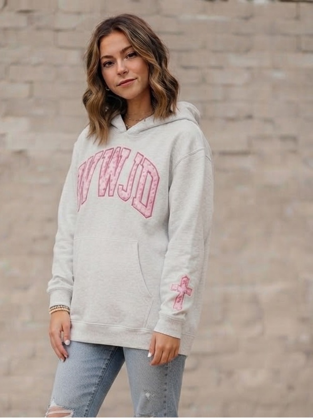 Embroidered WWJD Applique Pullover Hoodie Gray & Pink